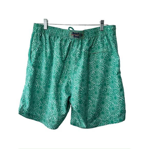 Beach Bros. Green & White Floral Print Lined Swim Trunks Men's Size Large - Picture 6 of 6